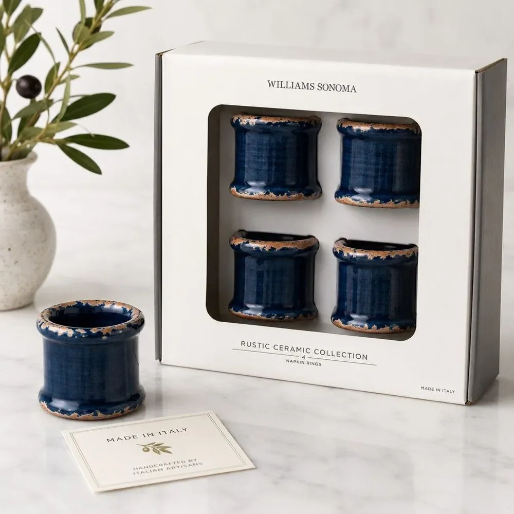 Williams Sonoma Rustic Ceramic Napkin Rings Set 4 Blue Crackle Glaze Italy New